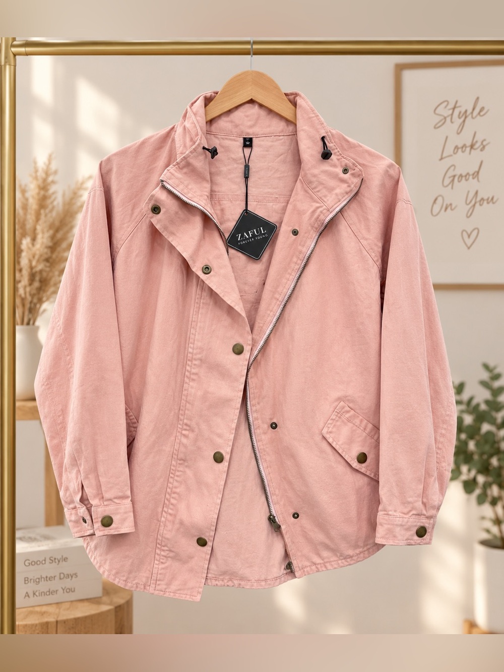 NWT ZAFUL Forever Young Pink Military Patch Utility Flight Jacket • Women Size L